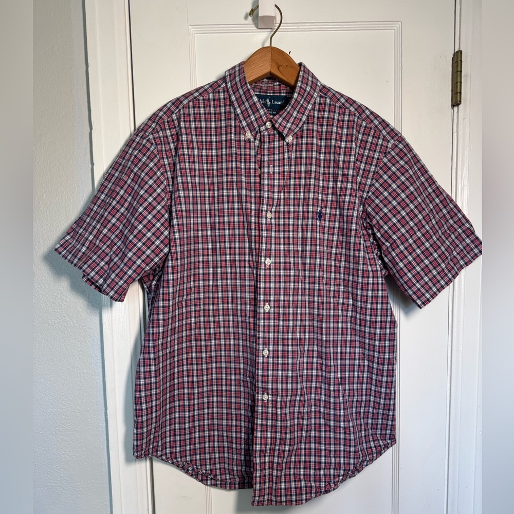 Ralph Lauren Red and Blue Casual Short Sleeve Button Down Shirt